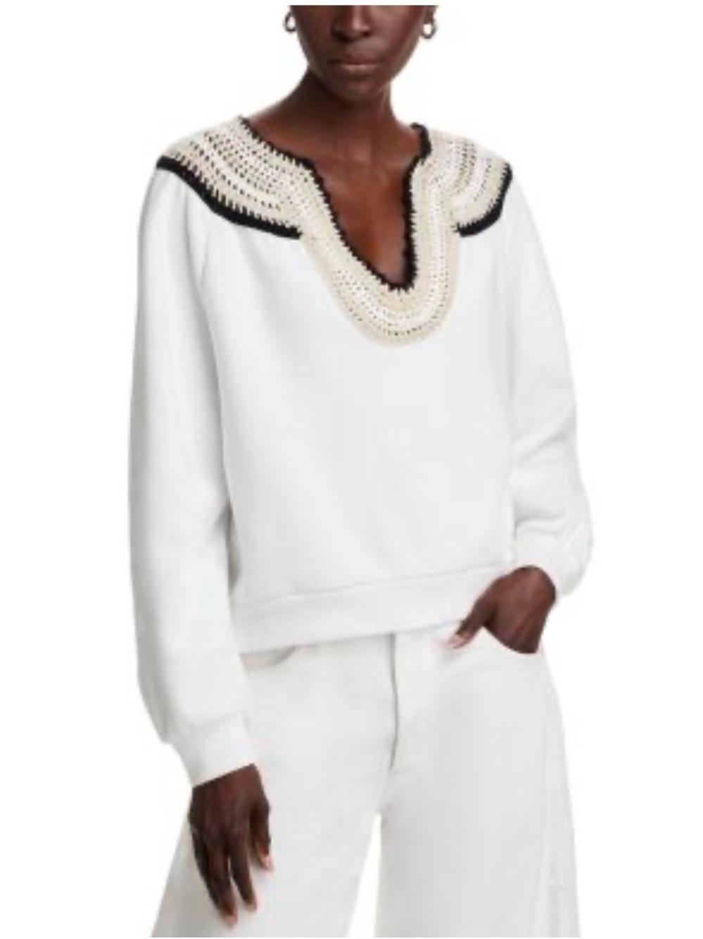 Rails sava White boho Crochet-Trim Split Neck cotton Sweatshirt